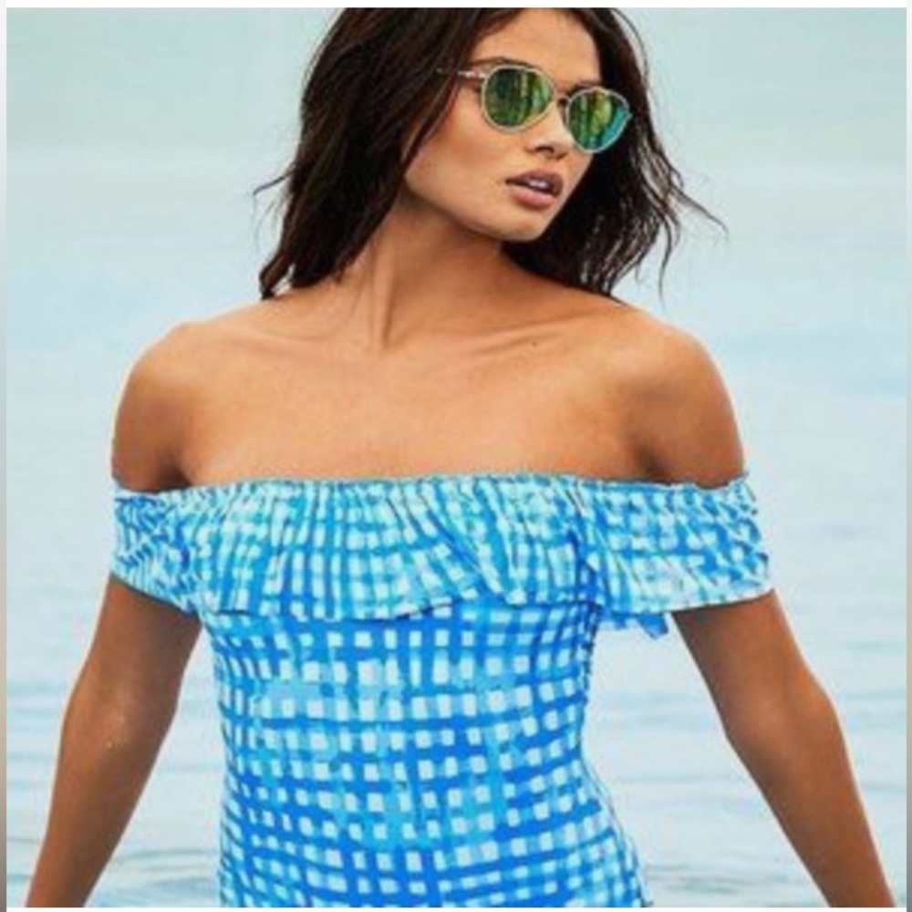 Lilly Pulitzer Blue Fiesta Gingham Off-Shoulder One-Piece Swimsuit - Picture 3 of 8